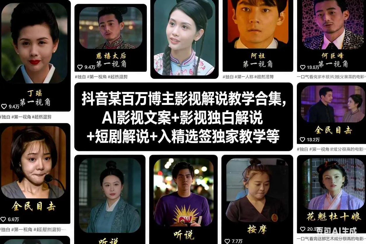 抖音某百万博主影视解说教学合集,AI影视文案+影视独白解说+短剧解说+入精选签独家教学等-一支黑兰州