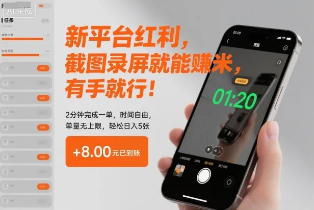 新平台红利，截图录屏就能賺米，有手就行！2分钟完成一单，时间自由，单量无上限，轻松日入5张【揭秘】-一支黑兰州
