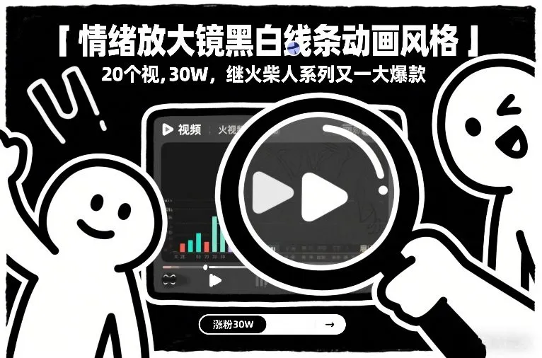 情绪放大镜黑白线条动画风格，20个视频，涨粉30W，继火柴人系列又一大爆款-一支黑兰州