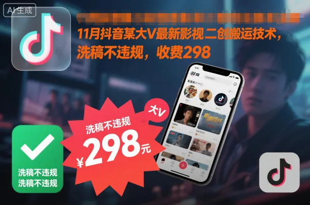 11月抖音某大V最新影视二创搬运技术，洗稿不违规，收费298-一支黑兰州