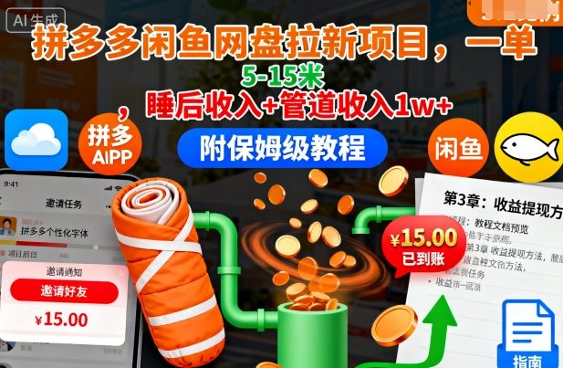 拼多多闲鱼网盘拉新项目，一单5-15米，睡后收入+管道收入1w+（附保姆级教程）-一支黑兰州