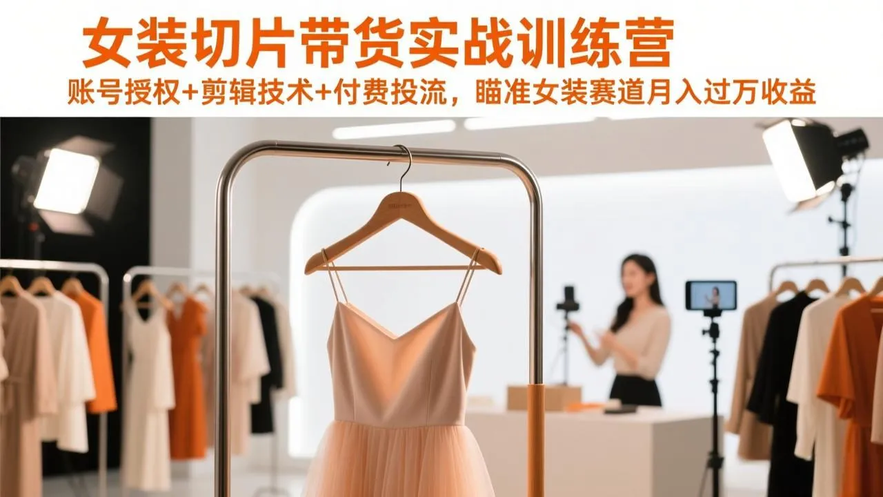女装切片带货实战训练营，账号授权+剪辑技术+付费投流，瞄准女装赛道月入过万收益-一支黑兰州
