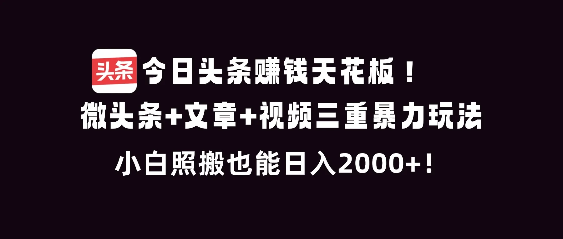 今日头条赚钱天花板！微头条+文章+视频三重暴利玩法，小白照搬也能日人2000+-一支黑兰州