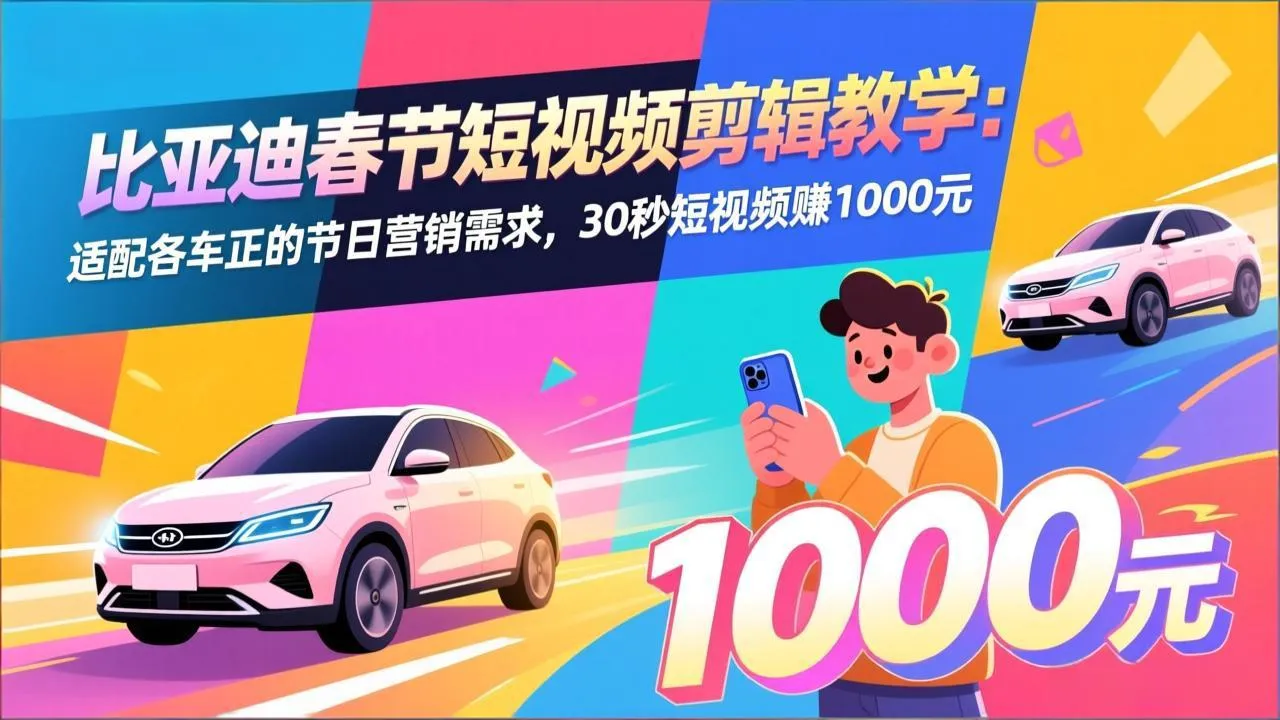 比亚迪春节短视频剪辑教学：适配各车企的节日营销需求，30秒短视频赚1000元-一支黑兰州