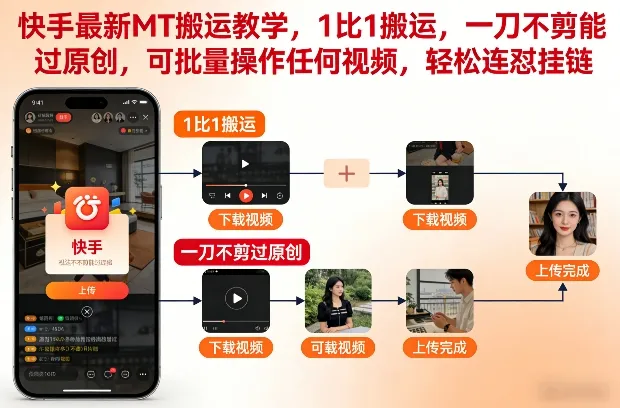 快手最新MT搬运教学,1比1搬运,一刀不剪能过原创,可批量操作任何视频,轻松连怼挂链