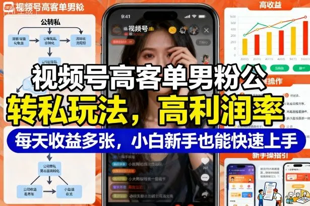 视频号高客单男粉公转私玩法，高利润率每天收益多张，小白新手也能快速上手-一支黑兰州