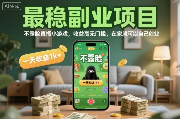 最稳副业项目，不露脸直播小游戏，收益高无门槛，一天收益1k+，在家就可以自己创业【揭秘】-一支黑兰州