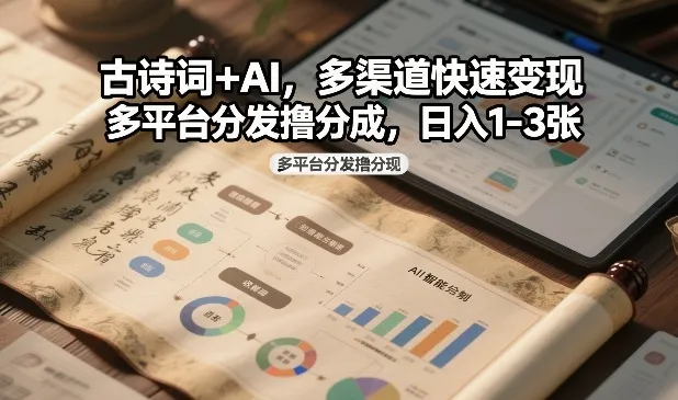 古诗词+AI，多渠道快速变现，多平台分发撸分成，日入1-3张-一支黑兰州