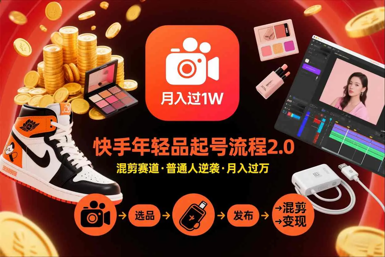 快手短视频带货年轻品起号流程2.0，快手年轻品混剪赛道，普通人也能月入过1W-一支黑兰州