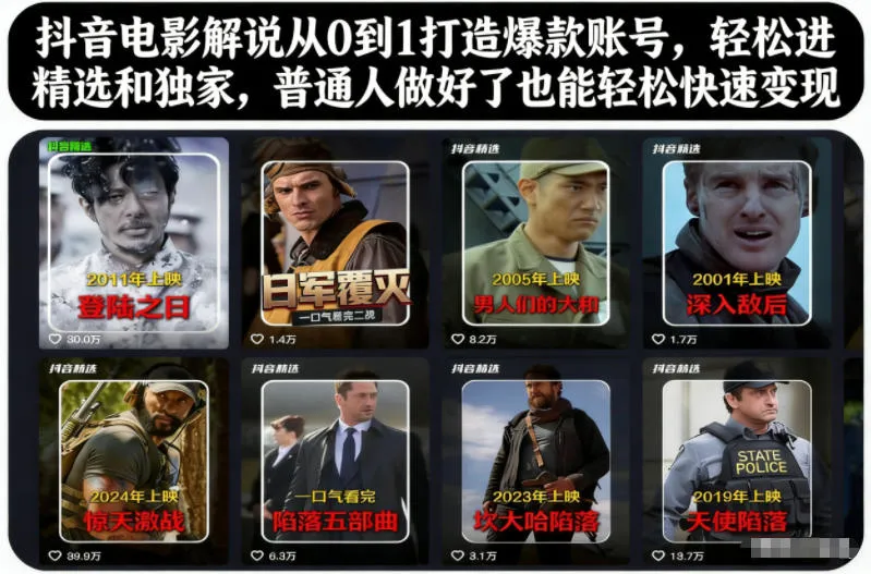 抖音电影解说从0到1打造爆款账号，轻松进精选和独家，普通人做好了也能轻松快速变现-一支黑兰州