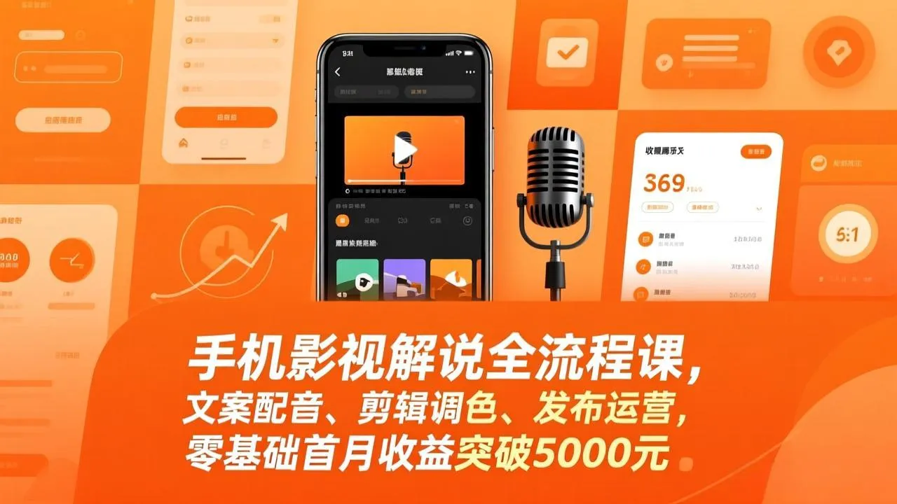 手机影视解说全流程课，文案配音、剪辑调色、发布运营，零基础首月收益突破5000元-一支黑兰州