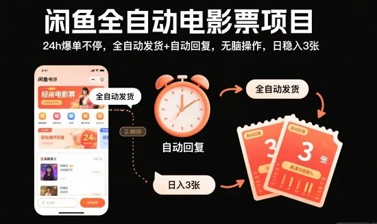 闲鱼全自动电影票项目，24h爆单不停，全自动发货+自动回复，无脑操作，日稳入3张【揭秘】-一支黑兰州