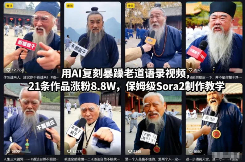 用AI复刻暴躁老道语录视频，21条作品涨粉8.8W，保姆级Sora2制作教学-一支黑兰州