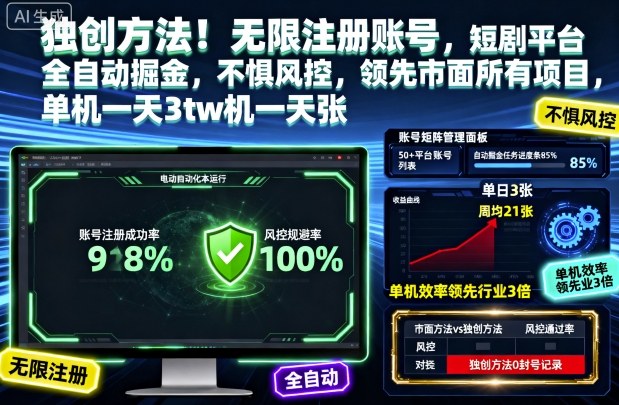 独创方法！无限注册账号，短剧平台全自动掘金，不惧风控，领先市面所有项目，单机一天3张【揭秘】-一支黑兰州
