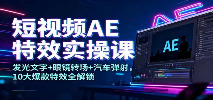 短视频AE特效实操课：发光文字+眼镜转场+汽车弹射，10大爆款特效全解锁-一支黑兰州