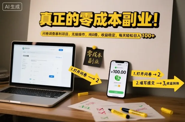 真正的零成本副业！问卷调查暴利项目，无脑操作，纯0撸，收益稳定，每天轻松日入100+【揭秘】-一支黑兰州