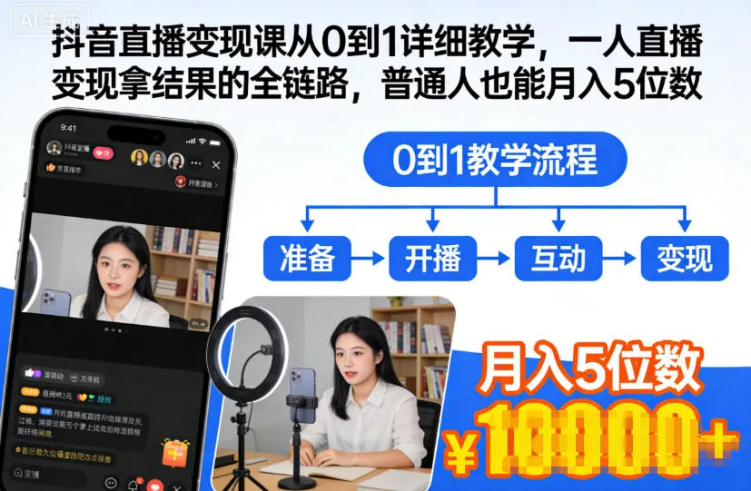 抖音直播变现课从0到1详细教学，一人直播变现拿结果的全链路，普通人也能月入5位数-一支黑兰州