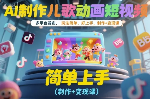 AI制作儿歌动画短视频,多平台发布,玩法简单,好上手,制作+变现课