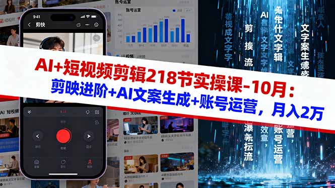 AI+短视频剪辑218节实操课-10月：剪映进阶+AI文案生成+账号运营，月入2万-一支黑兰州