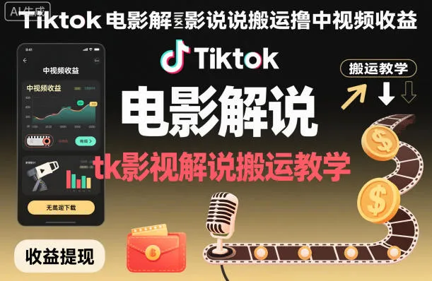 Tiktok电影解说搬运撸中视频收益，tk影视解说搬运教学-一支黑兰州