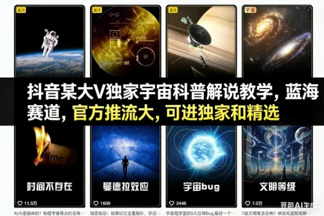 抖音某大V独家宇宙科普解说教学，蓝海赛道，官方推流大，可进独家和精选-一支黑兰州