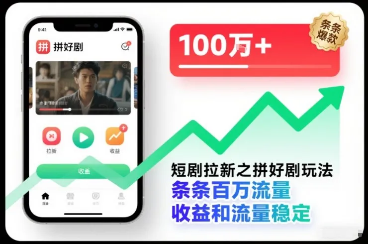 短剧拉新之拼好剧玩法,条条百万流量,收益和流量稳定-一支黑兰州