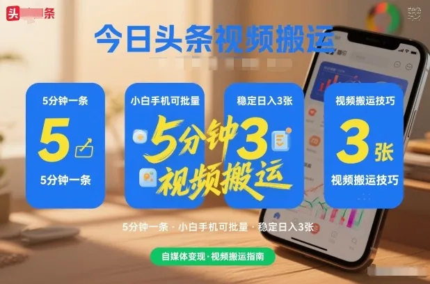 今日头条视频搬运，5分钟一条，小白手机可批量，稳定日入3张-一支黑兰州