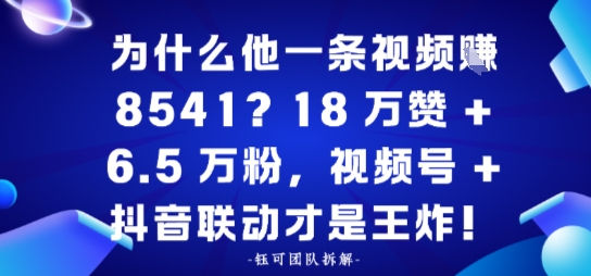 为什么他一条视频賺8541？18万赞+6.5 W粉，视频号+抖音联动才是王炸！-一支黑兰州