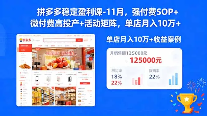 拼多多稳定盈利课-11月，强付费SOP+微付费高投产+活动矩阵，单店月入10w+-一支黑兰州