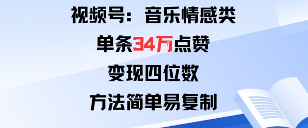 视频号分成计划新玩法：音乐情感类单条34W点赞，变现四位数，方法简单易复制-一支黑兰州