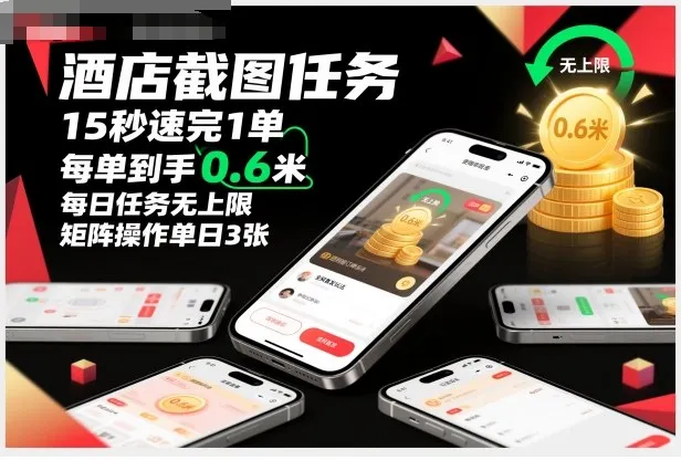 酒店截图任务，15秒速完1单，每单到手0.6米，每日任务无上限，全网首发玩法，矩阵操作单日3张【揭秘】-一支黑兰州
