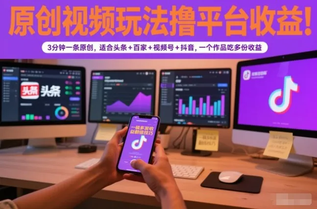 原创视频玩法撸平台收益，3分钟一条原创，适合头条+百家+视频号+抖音，一个作品吃多份收益-一支黑兰州