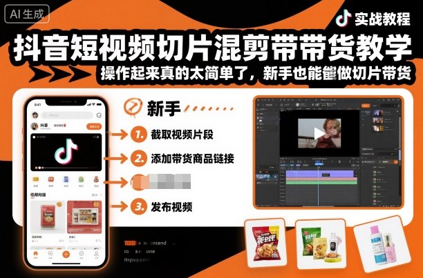 抖音短视频切片混剪带货教学，操作起来真的太简单了，新手也能做切片带货-一支黑兰州