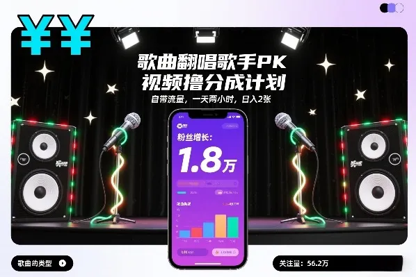 歌曲翻唱歌手PK视频撸分成计划，自带流量，一天两小时，日入2张-一支黑兰州